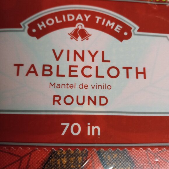Holiday Time 70" Round Vinyl Tablecloth Poinsettia Holly Berries Pinecones NEW - Picture 4 of 6